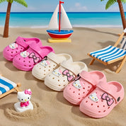 Babuche Infantil Feminino Hello Kitty Laço Mule Furado Antiderrapante Rosa e Bege Numeração 19 ao 30