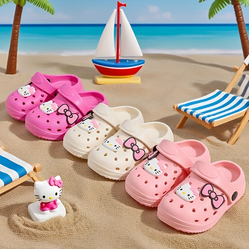 Babuche Infantil Feminino Hello Kitty Laço Mule Furado Antiderrapante Rosa e Bege Numeração 19 ao 30