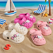 Babuche Infantil Feminino Hello Kitty Laço Mule Furado Antiderrapante Rosa e Bege Numeração 19 ao 30