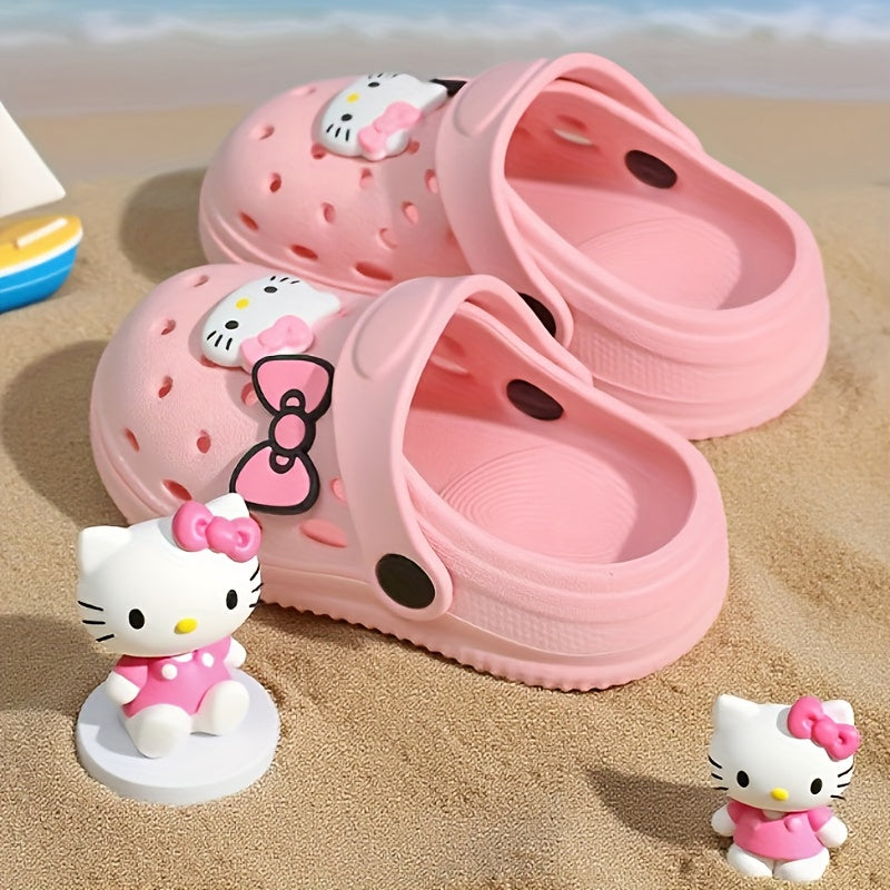 Babuche Infantil Feminino Hello Kitty Laço Mule Furado Antiderrapante Rosa e Bege Numeração 19 ao 30