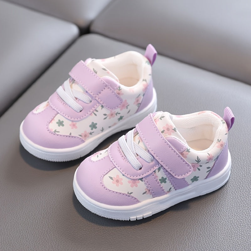 Tênis Infantil Feminino Floral com Velcro Solado Macio Antiderrapante Rosa e Lilás Numeração 19 ao 23