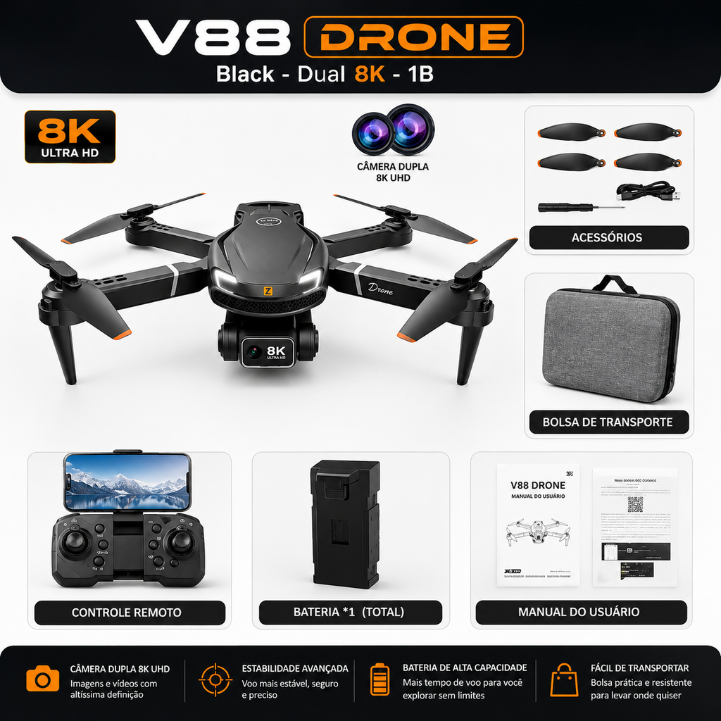 Drone V88 Dobrável com Câmera HD 4K 8K WiFi GPS Controle Remoto Bateria Modular Bolsa de Transporte