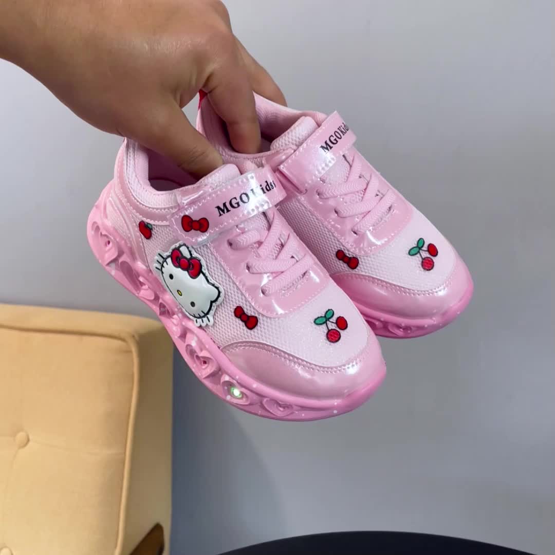 Tênis Infantil Menina Hello Kitty LED Pisca Solado Coração Velcro Rosa e Branco Nº 20 ao 27