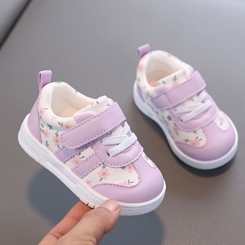 Tênis Infantil Feminino Floral com Velcro Solado Macio Antiderrapante Rosa e Lilás Numeração 19 ao 23