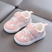 Tênis Infantil Feminino Floral com Velcro Solado Macio Antiderrapante Rosa e Lilás Numeração 19 ao 23