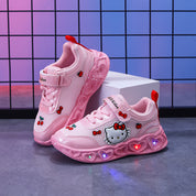 Tênis Infantil Menina Hello Kitty LED Pisca Solado Coração Velcro Rosa e Branco Nº 20 ao 27