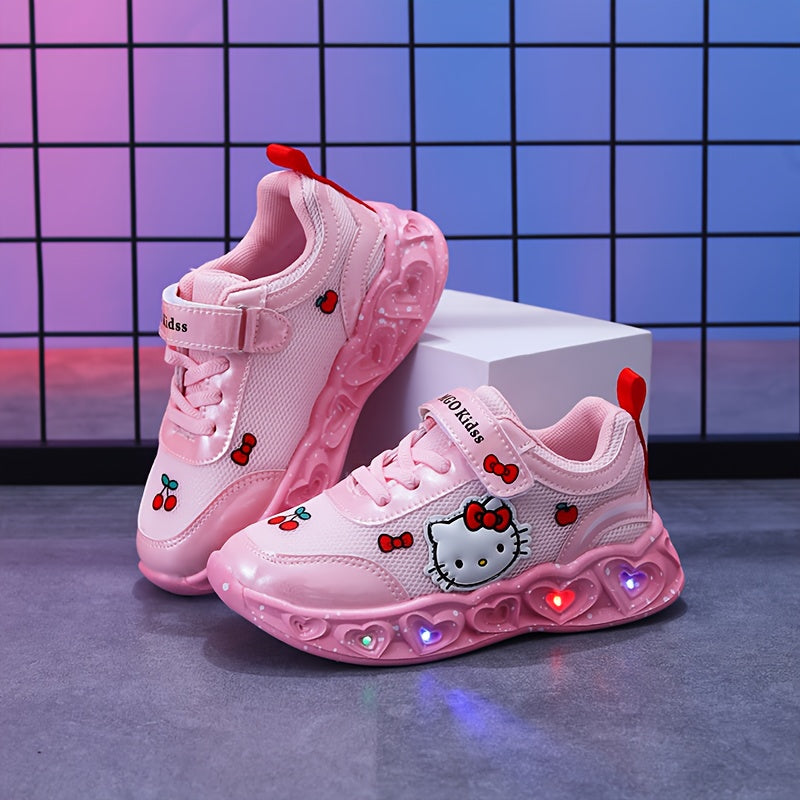 Tênis Infantil Menina Hello Kitty LED Pisca Solado Coração Velcro Rosa e Branco Nº 20 ao 27