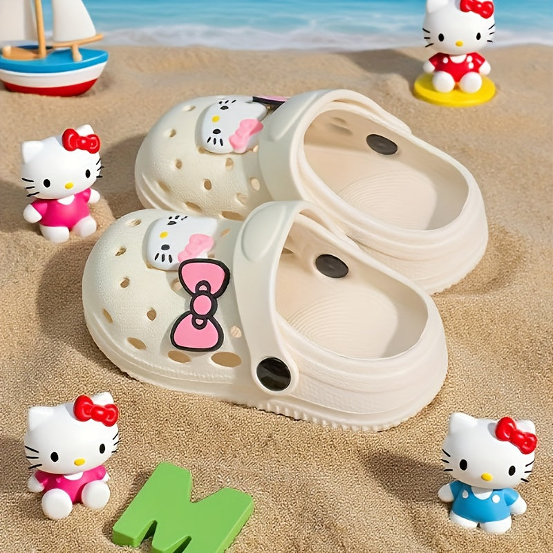 Babuche Infantil Feminino Hello Kitty Laço Mule Furado Antiderrapante Rosa e Bege Numeração 19 ao 30