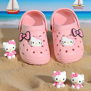 Babuche Infantil Feminino Hello Kitty Laço Mule Furado Antiderrapante Rosa e Bege Numeração 19 ao 30
