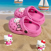Babuche Infantil Feminino Hello Kitty Laço Mule Furado Antiderrapante Rosa e Bege Numeração 19 ao 30