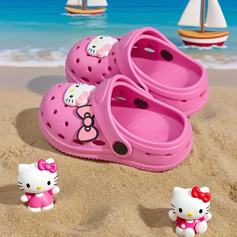 Babuche Infantil Feminino Hello Kitty Laço Mule Furado Antiderrapante Rosa e Bege Numeração 19 ao 30