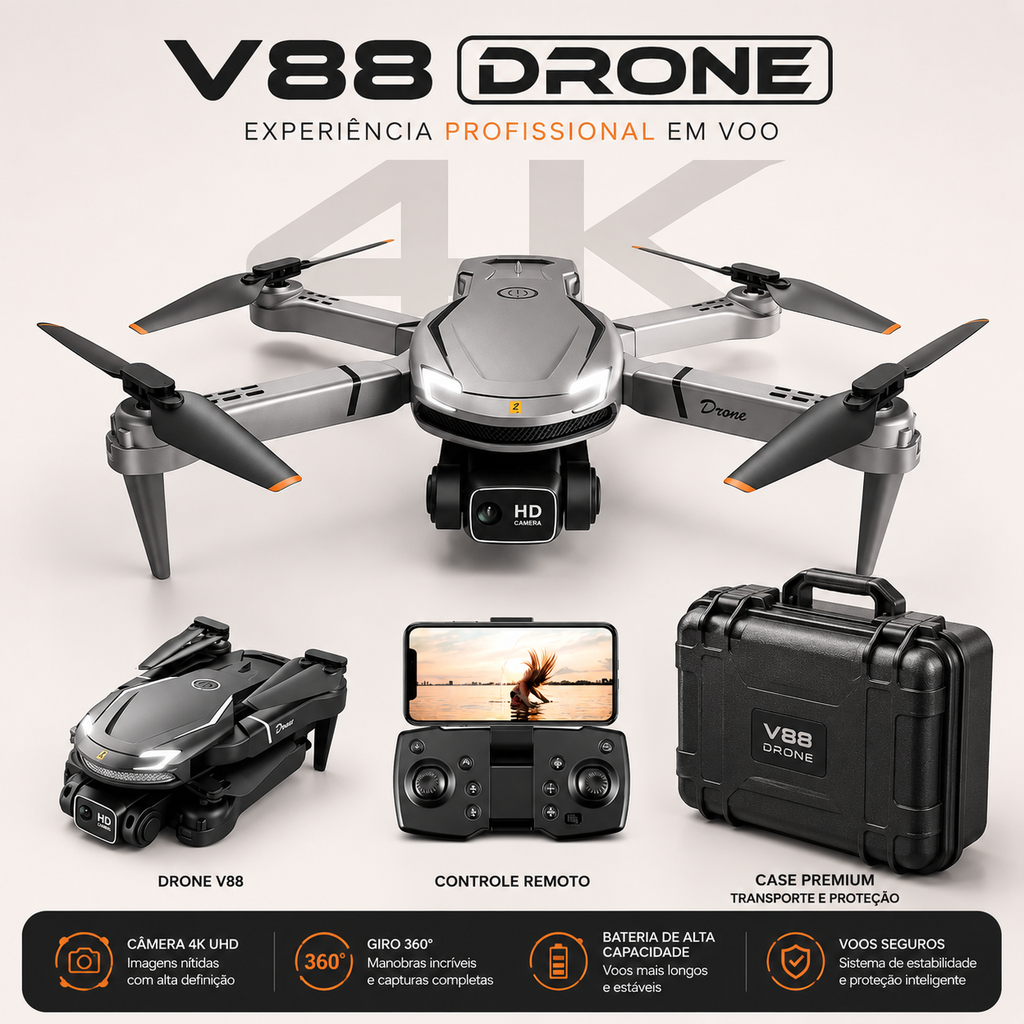Drone V88 Dobrável com Câmera HD 4K 8K WiFi GPS Controle Remoto Bateria Modular Bolsa de Transporte