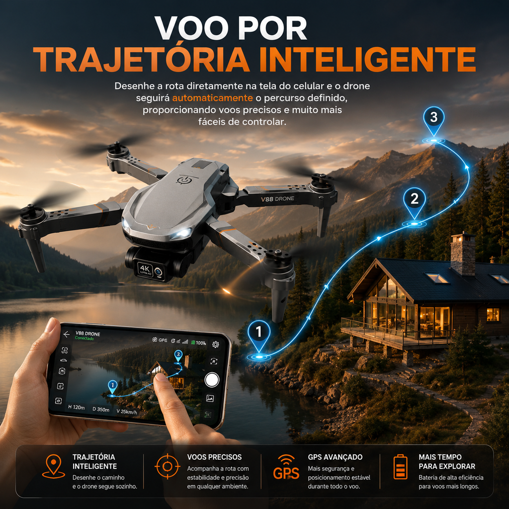 Drone V88 Dobrável com Câmera HD 4K 8K WiFi GPS Controle Remoto Bateria Modular Bolsa de Transporte