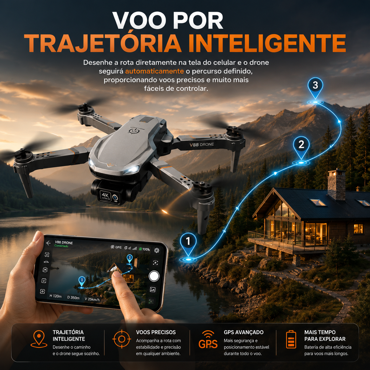 Drone V88 Dobrável com Câmera HD 4K 8K WiFi GPS Controle Remoto Bateria Modular Bolsa de Transporte