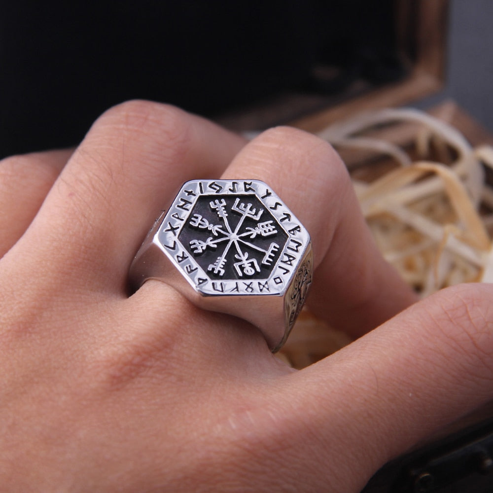 Anél Masculino vegvísir Nordico com Caixa Viking