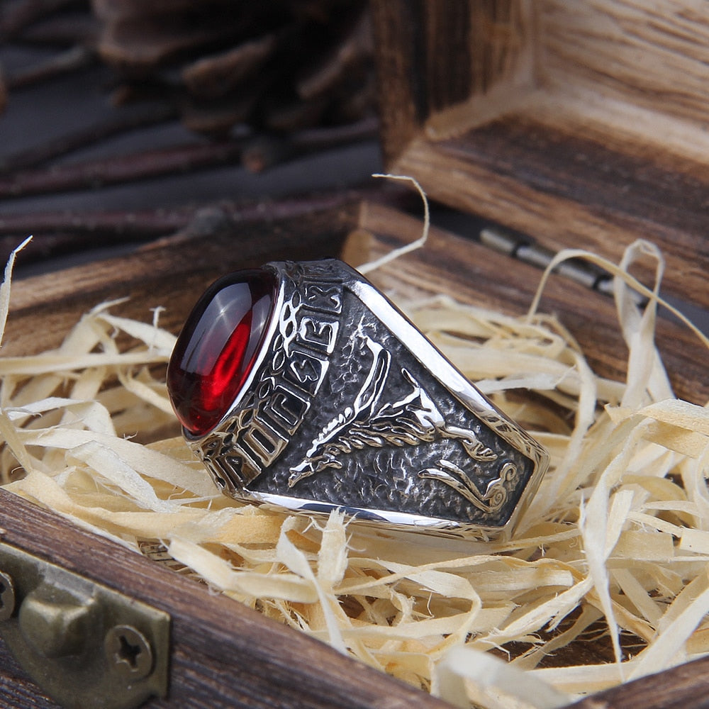 Anel Pedra Vermelha Wolf Viking Com Caixa