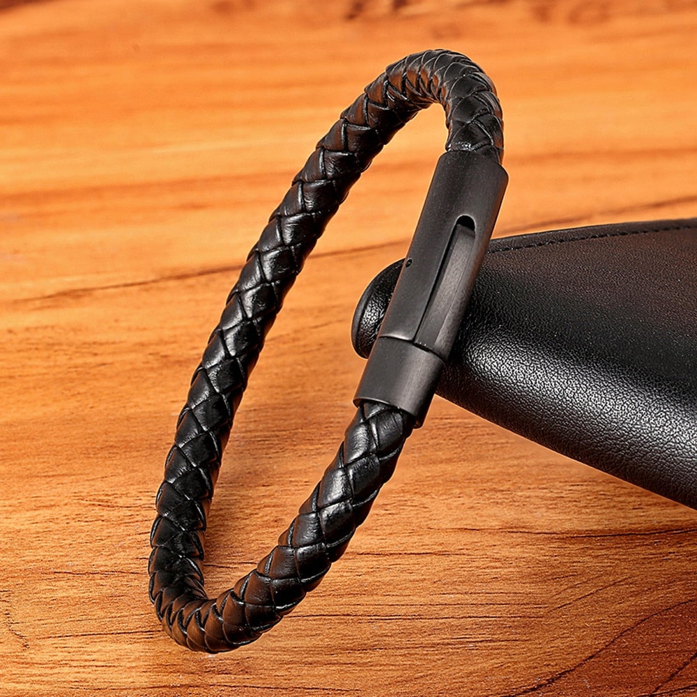 Pulseira Masculina Simple Couro Legítimo Trança