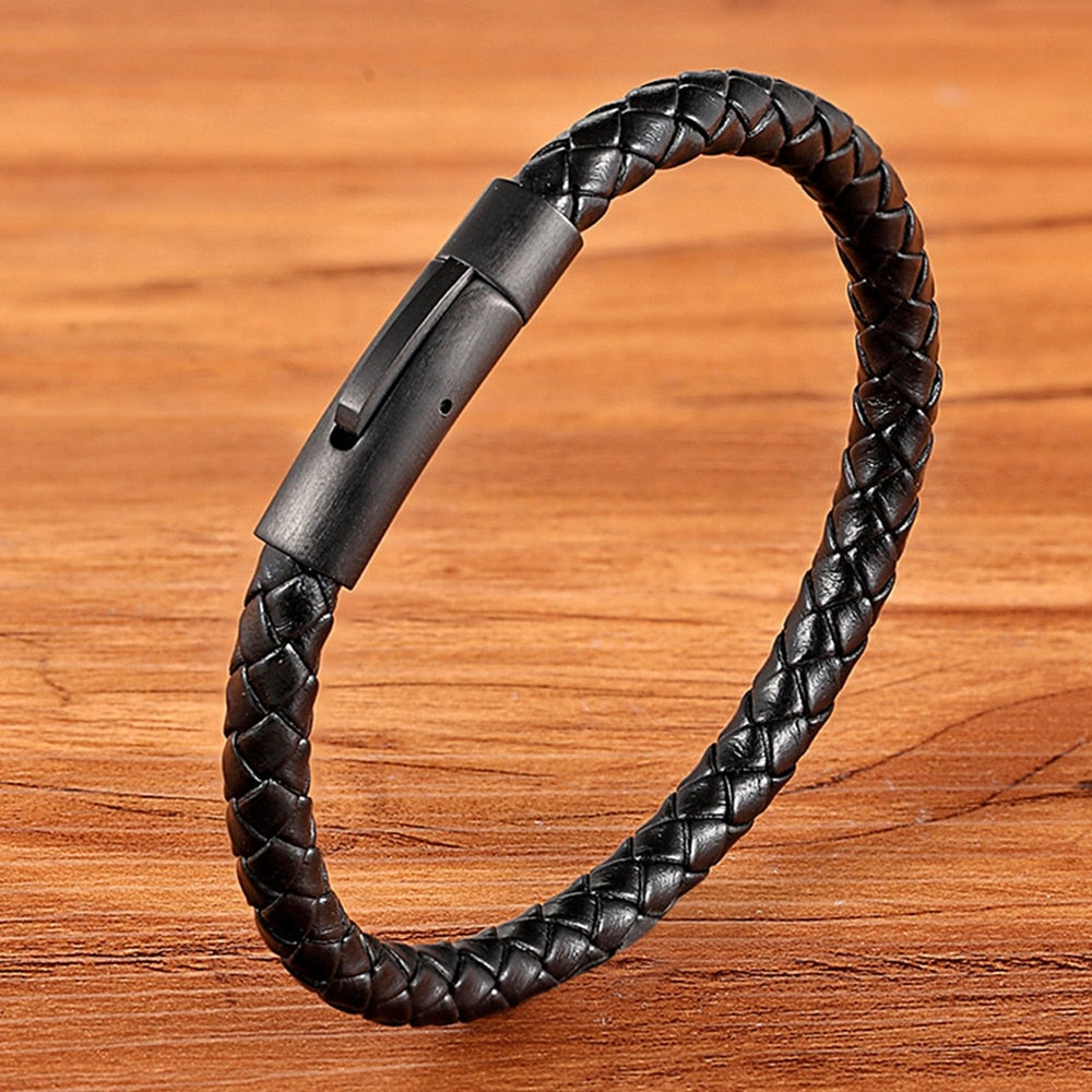 Pulseira Masculina Simple Couro Legítimo Trança
