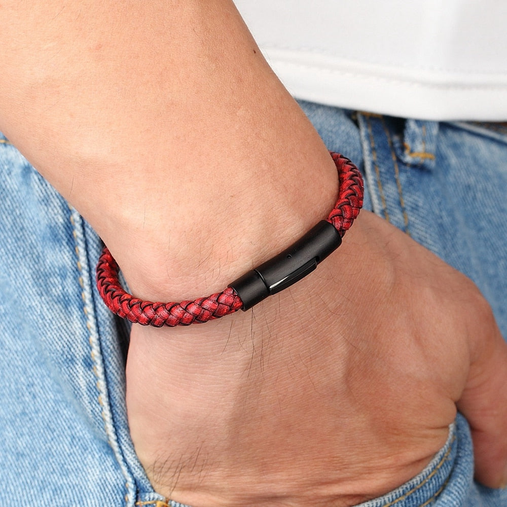 Pulseira Masculina Simple Couro Legítimo Trança