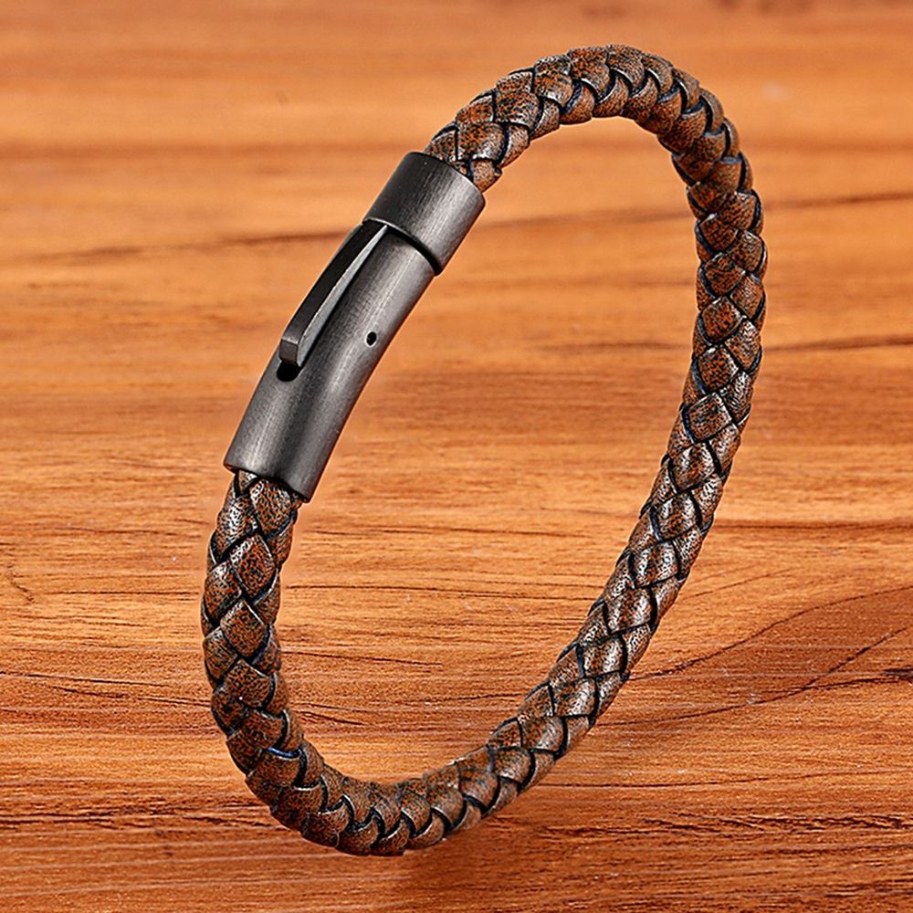 Pulseira Masculina Simple Couro Legítimo Trança