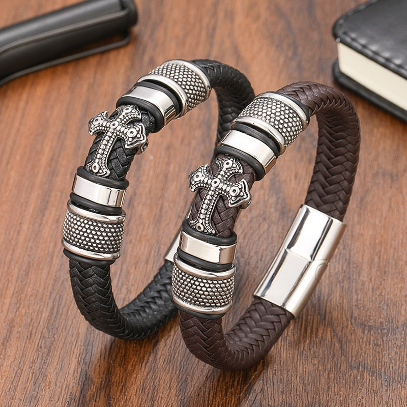 Pulseira Masculina Cruz Couro Legitimo Inoxidavel