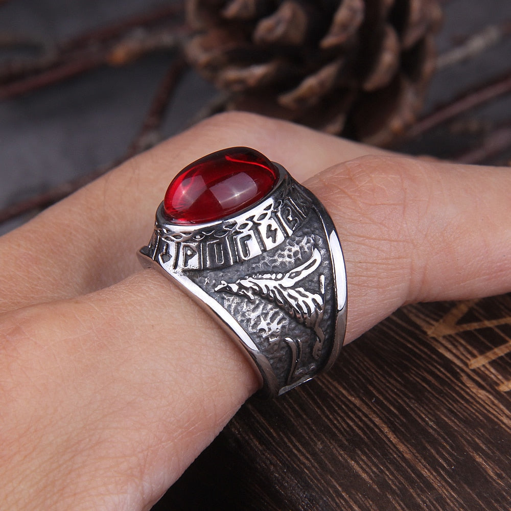Anel Pedra Vermelha Wolf Viking Com Caixa