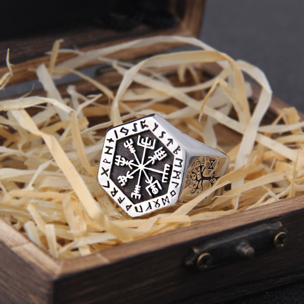 Anél Masculino vegvísir Nordico com Caixa Viking