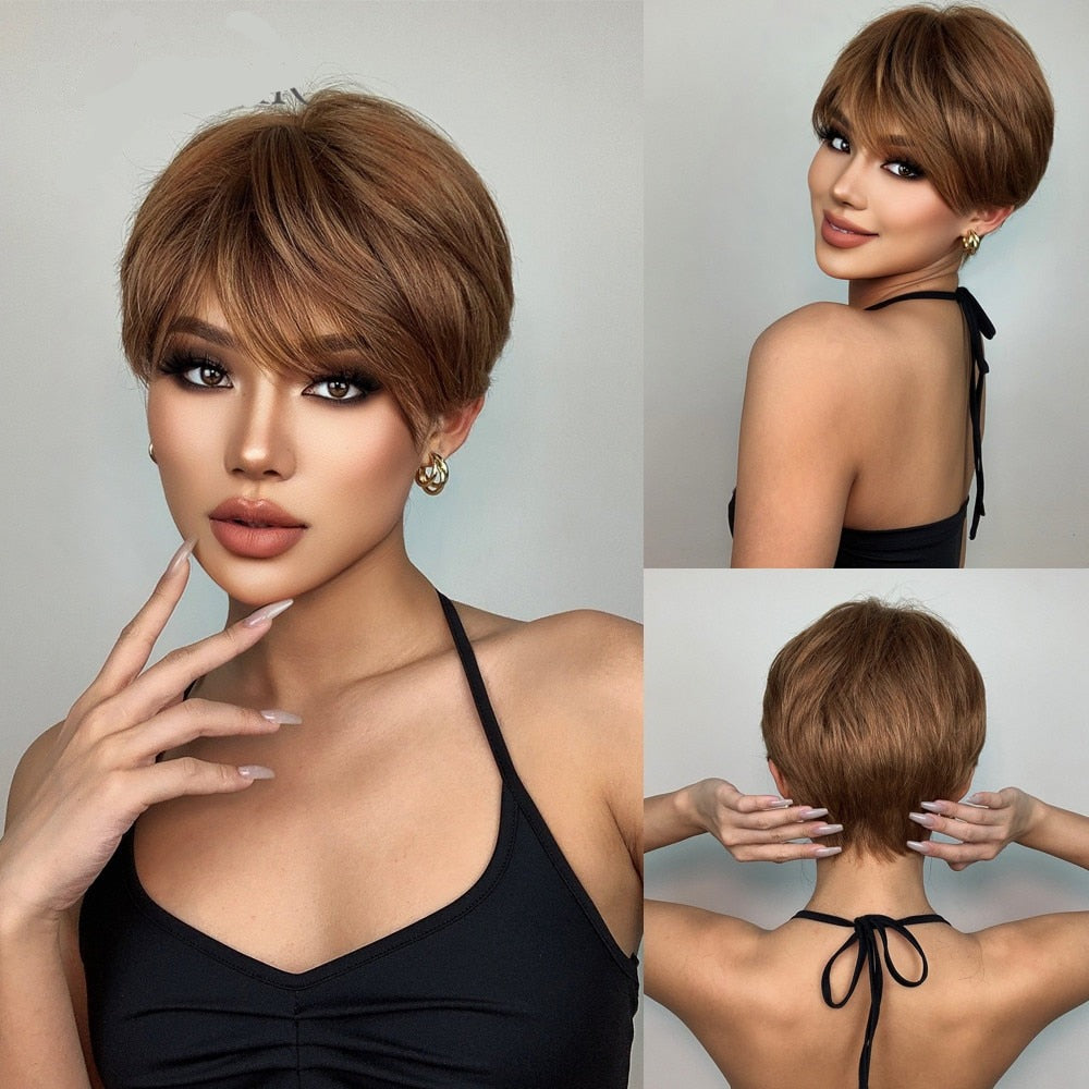 Peruca Curta Human Realista Feminina com Franja