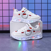 Tênis Infantil Menina Hello Kitty LED Pisca Solado Coração Velcro Rosa e Branco Nº 20 ao 27