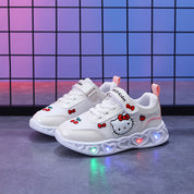 Tênis Infantil Menina Hello Kitty LED Pisca Solado Coração Velcro Rosa e Branco Nº 20 ao 27