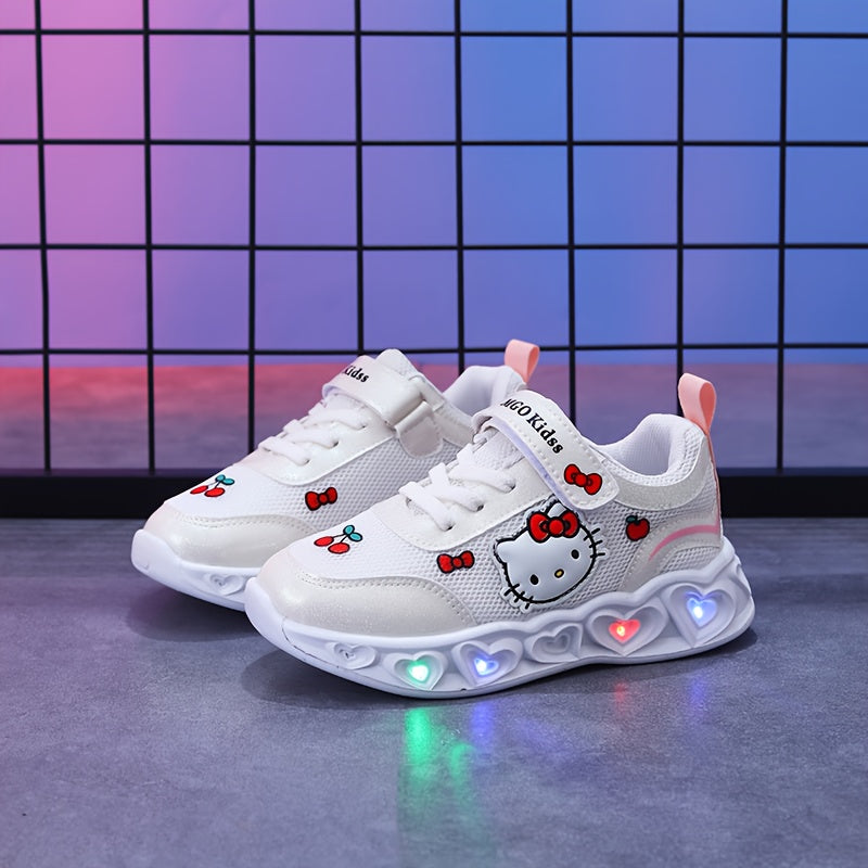 Tênis Infantil Menina Hello Kitty LED Pisca Solado Coração Velcro Rosa e Branco Nº 20 ao 27