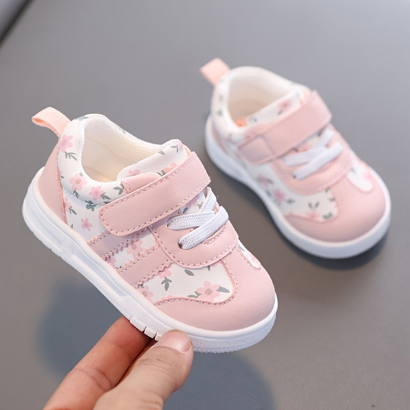 Tênis Infantil Feminino Floral com Velcro Solado Macio Antiderrapante Rosa e Lilás Numeração 19 ao 23