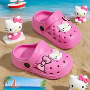 Babuche Infantil Feminino Hello Kitty Laço Mule Furado Antiderrapante Rosa e Bege Numeração 19 ao 30