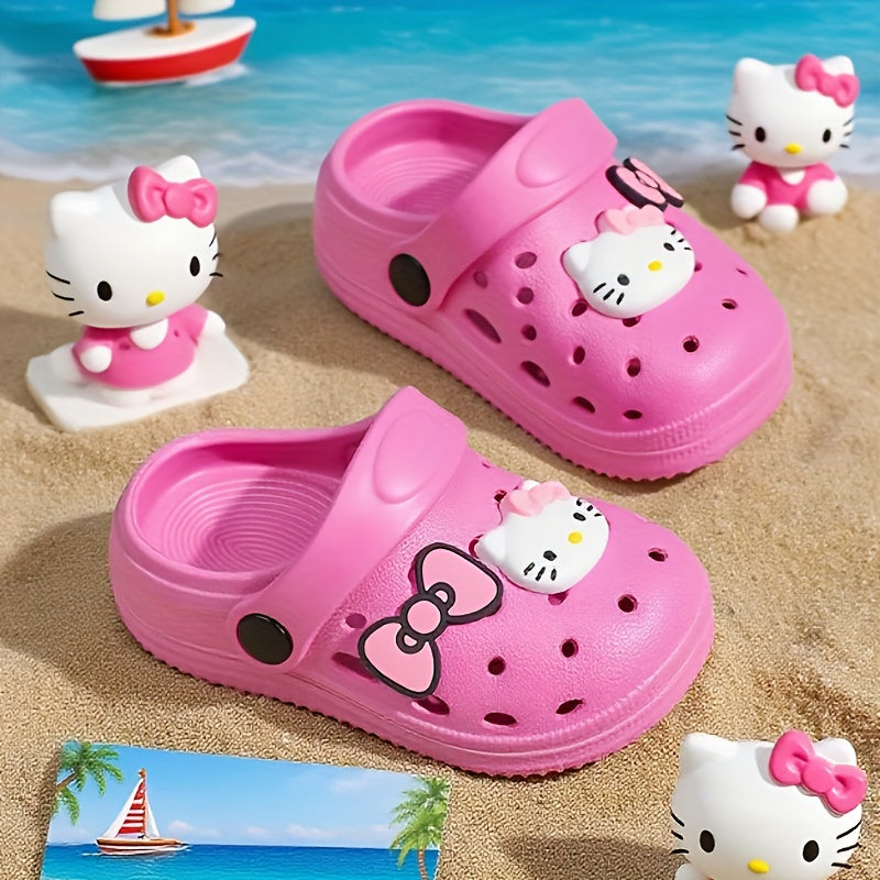 Babuche Infantil Feminino Hello Kitty Laço Mule Furado Antiderrapante Rosa e Bege Numeração 19 ao 30