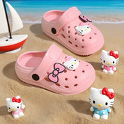 Babuche Infantil Feminino Hello Kitty Laço Mule Furado Antiderrapante Rosa e Bege Numeração 19 ao 30