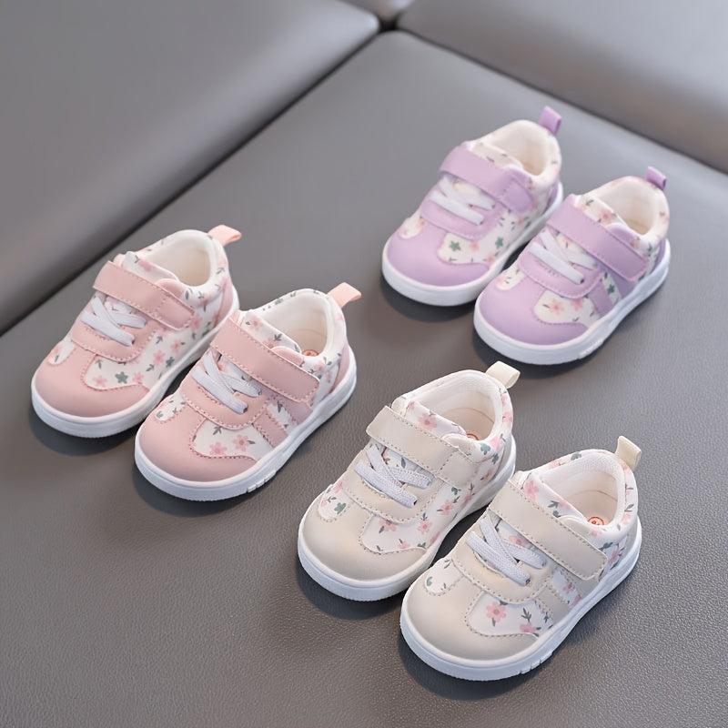 Tênis Infantil Feminino Floral com Velcro Solado Macio Antiderrapante Rosa e Lilás Numeração 19 ao 23