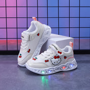 Tênis Infantil Menina Hello Kitty LED Pisca Solado Coração Velcro Rosa e Branco Nº 20 ao 27
