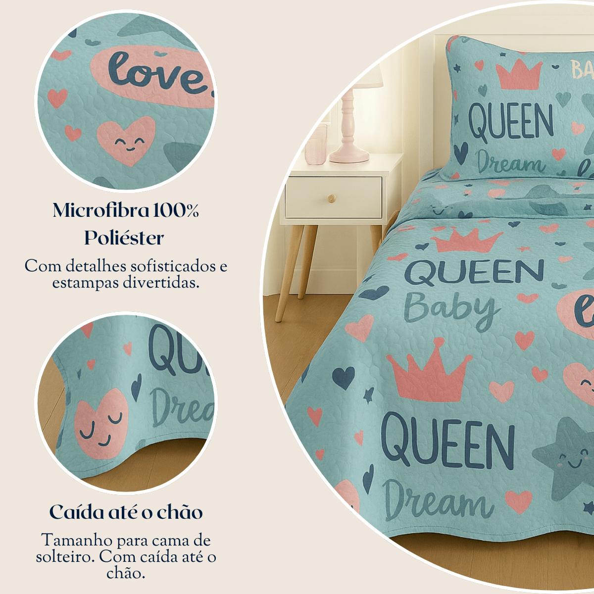 Kit Colcha Infantil Cama Solteiro 2 Peças Cobre-Leito e Porta-Travesseiro Microfibra Estampada Menino e Menina 1,60 x 2,20 m