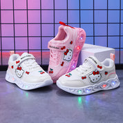 Tênis Infantil Menina Hello Kitty LED Pisca Solado Coração Velcro Rosa e Branco Nº 20 ao 27