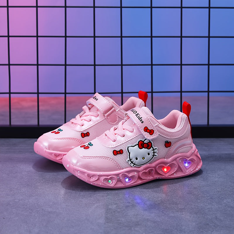 Tênis Infantil Menina Hello Kitty LED Pisca Solado Coração Velcro Rosa e Branco Nº 20 ao 27