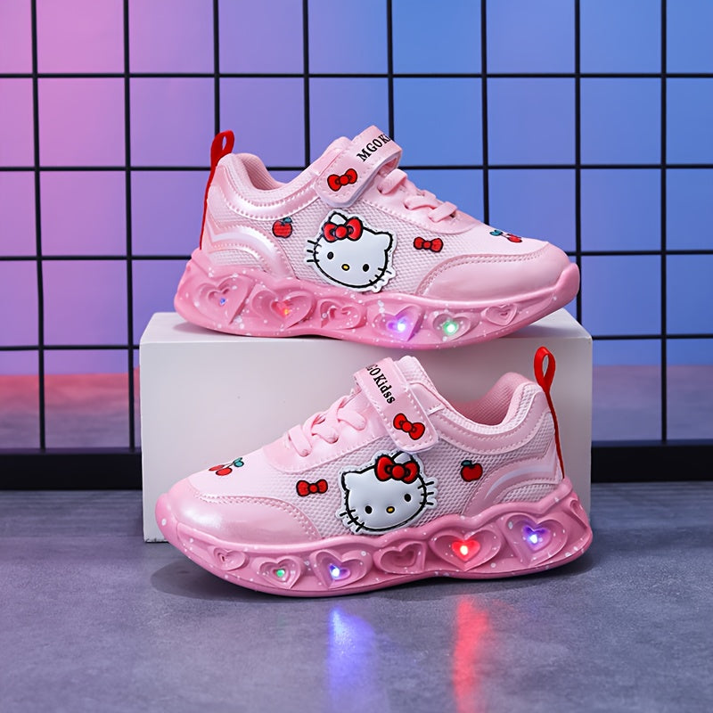Tênis Infantil Menina Hello Kitty LED Pisca Solado Coração Velcro Rosa e Branco Nº 20 ao 27