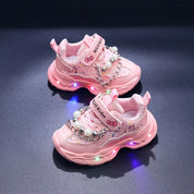 Tênis Infantil Feminino Luminoso LED Pérolas Lantejoulas Velcro Sola Macia PU 20 ao 27 — foto 1