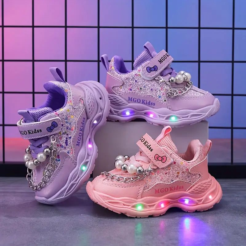 Tênis Infantil Feminino Luminoso LED Pérolas Lantejoulas Velcro Sola Macia PU 20 ao 27 — foto 2