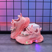 Tênis Infantil Feminino Luminoso LED Pérolas Lantejoulas Velcro Sola Macia PU 20 ao 27 — foto 3