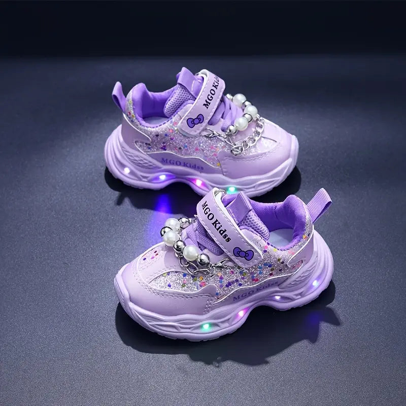 Tênis Infantil Feminino Luminoso LED Pérolas Lantejoulas Velcro Sola Macia PU 20 ao 27 — foto 4