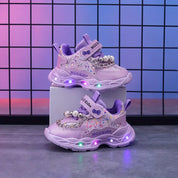 Tênis Infantil Feminino Luminoso LED Pérolas Lantejoulas Velcro Sola Macia PU 20 ao 27 — foto 5