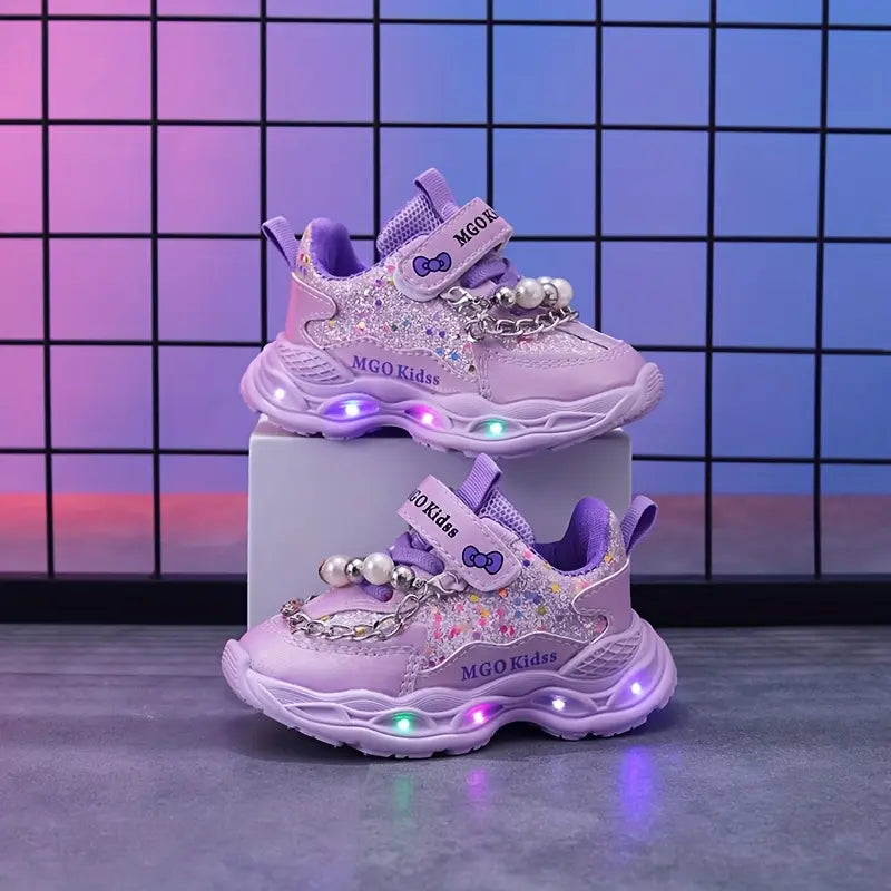 Tênis Infantil Feminino Luminoso LED Pérolas Lantejoulas Velcro Sola Macia PU 20 ao 27 — foto 5
