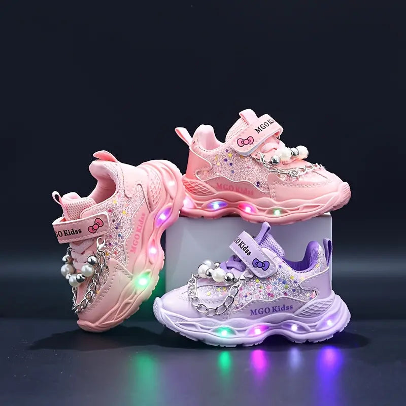 Tênis Infantil Feminino Luminoso LED Pérolas Lantejoulas Velcro Sola Macia PU 20 ao 27 — foto 6