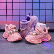 Tênis Infantil Feminino Luminoso LED Pérolas Lantejoulas Velcro Sola Macia PU 20 ao 27 — foto 7