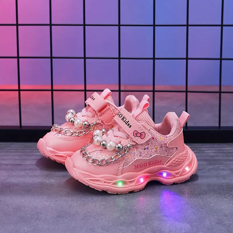 Tênis Infantil Feminino Luminoso LED Pérolas Lantejoulas Velcro Sola Macia PU 20 ao 27 — foto 8